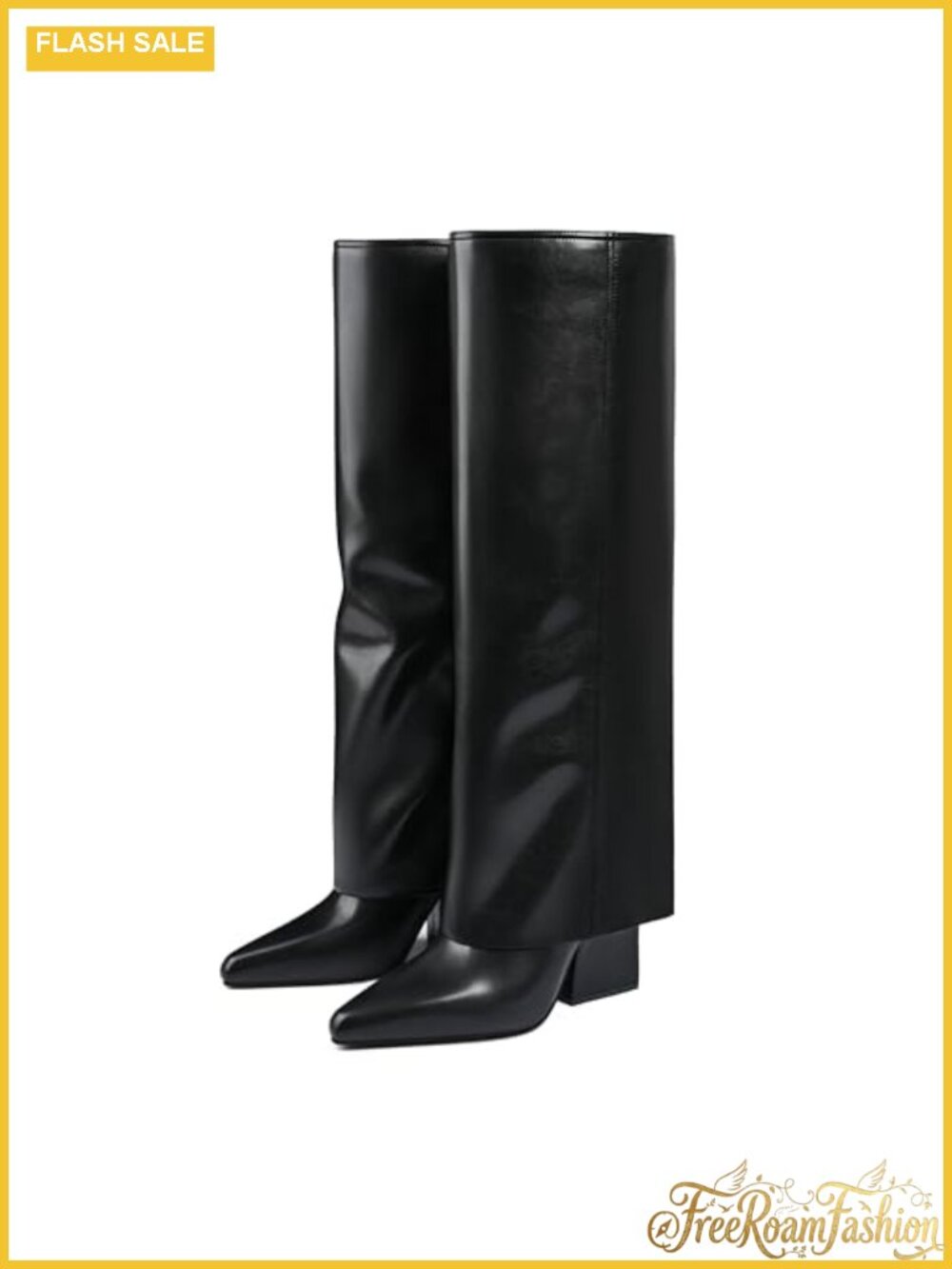 Faux Leather Knee High Fold Over Pointed Toe Block Heel Boots